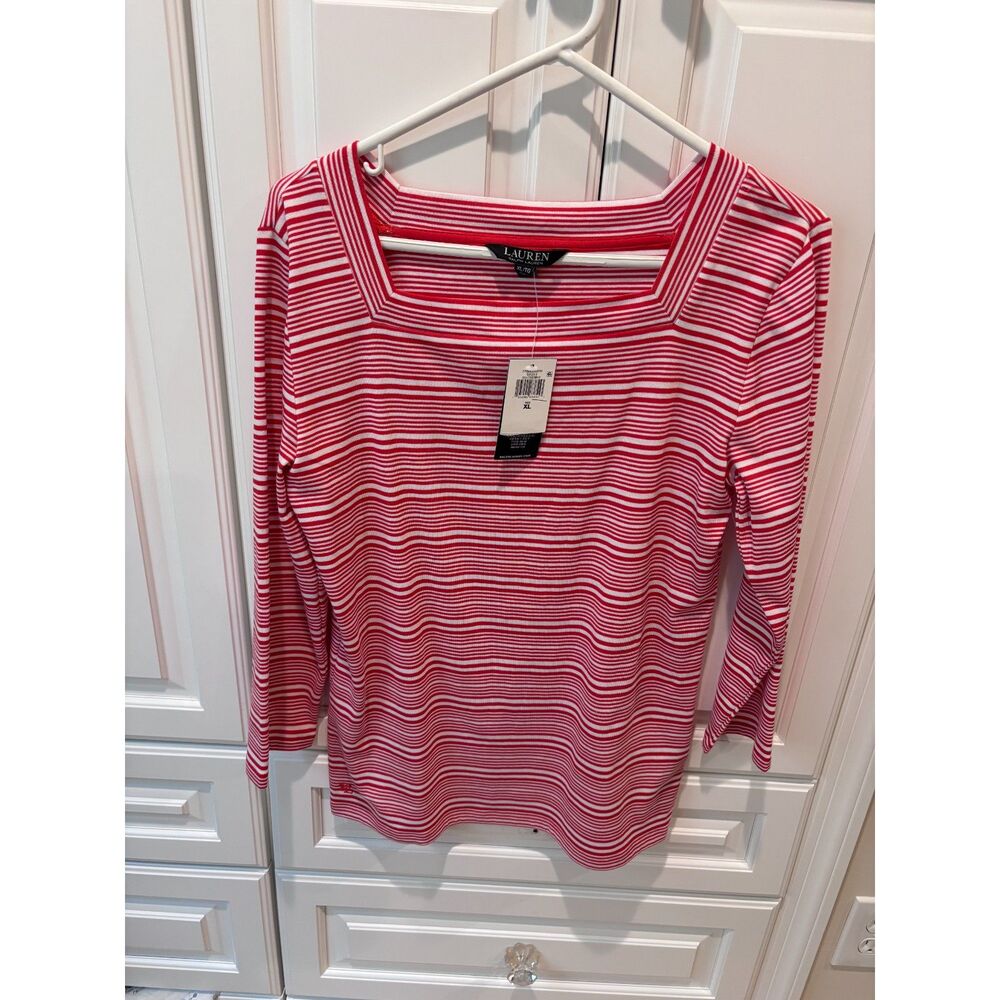 Lauren Ralph Lauren NWT XL Red White Stripe Square Neck Stretch Knit Top